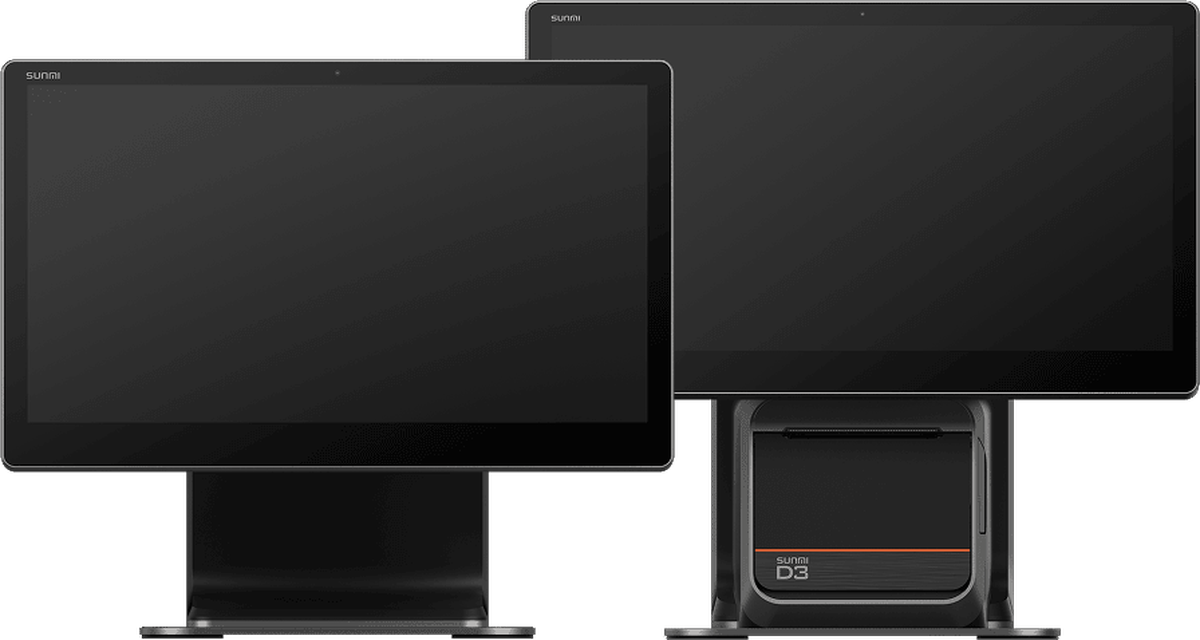 SUNMI D3 Family terminals with a main screen and a customer-facing display