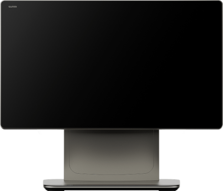 SUNMI D3 PRO desktop terminal with a thin-bezel screen on an aluminium stand