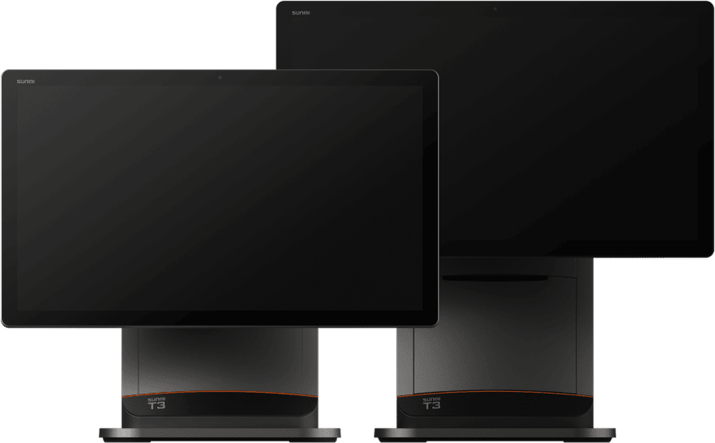SUNMI T3 Family counter terminal with a staff display and a customer-facing second screen