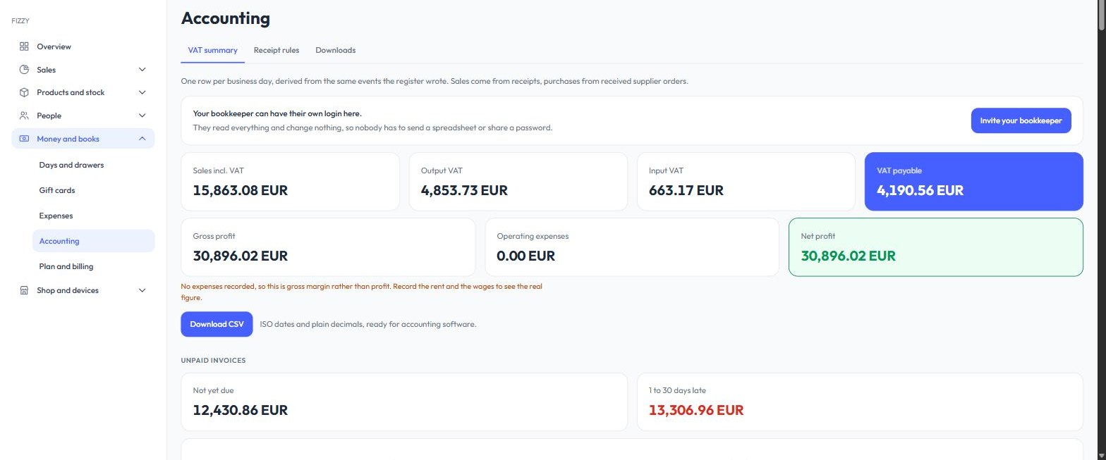 The Fizzy accounting screen: sales including VAT, output VAT, input VAT and the VAT payable, with gross profit and net profit, and a line saying that with no expenses recorded this is margin rather than profit