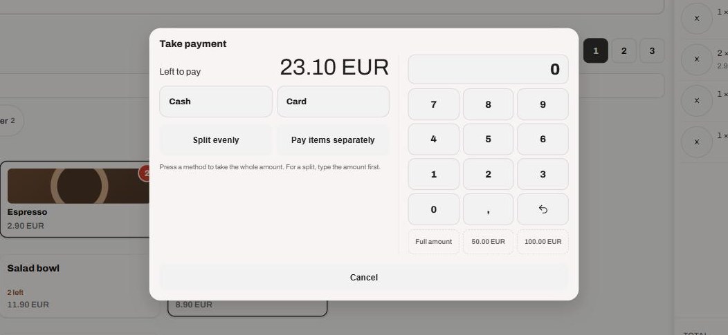Taking payment on a Fizzy till: the amount left to pay, cash and card, and a keypad for splitting the bill